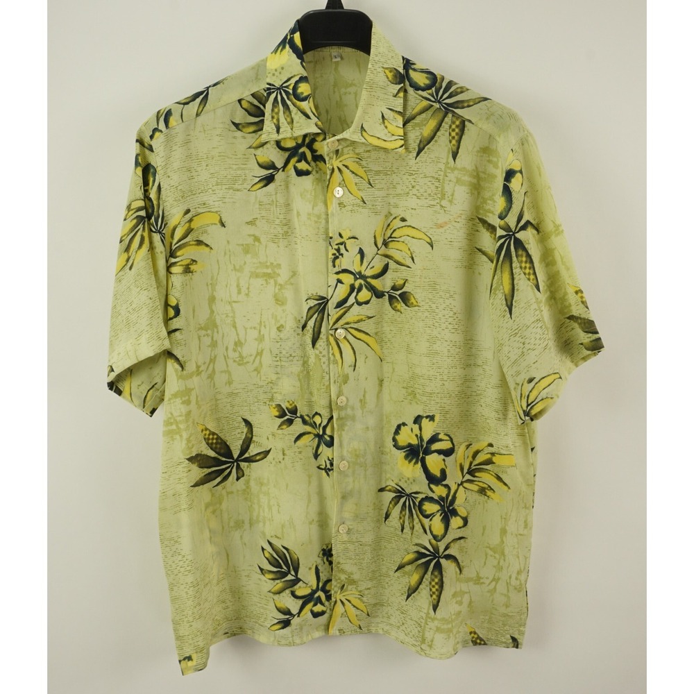 Giorgio Danieli Men's Large Short Sleeve Yellow Green Floral Crepe Camp Shirt